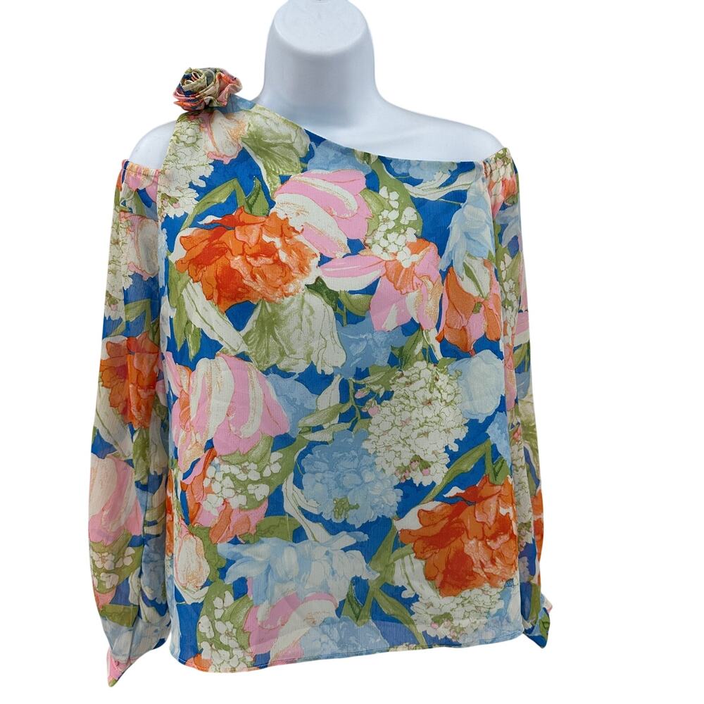 CeCe One Shoulder Blouse WMNS XS Blue Pink Green Floral Print Long Sleeve Lined